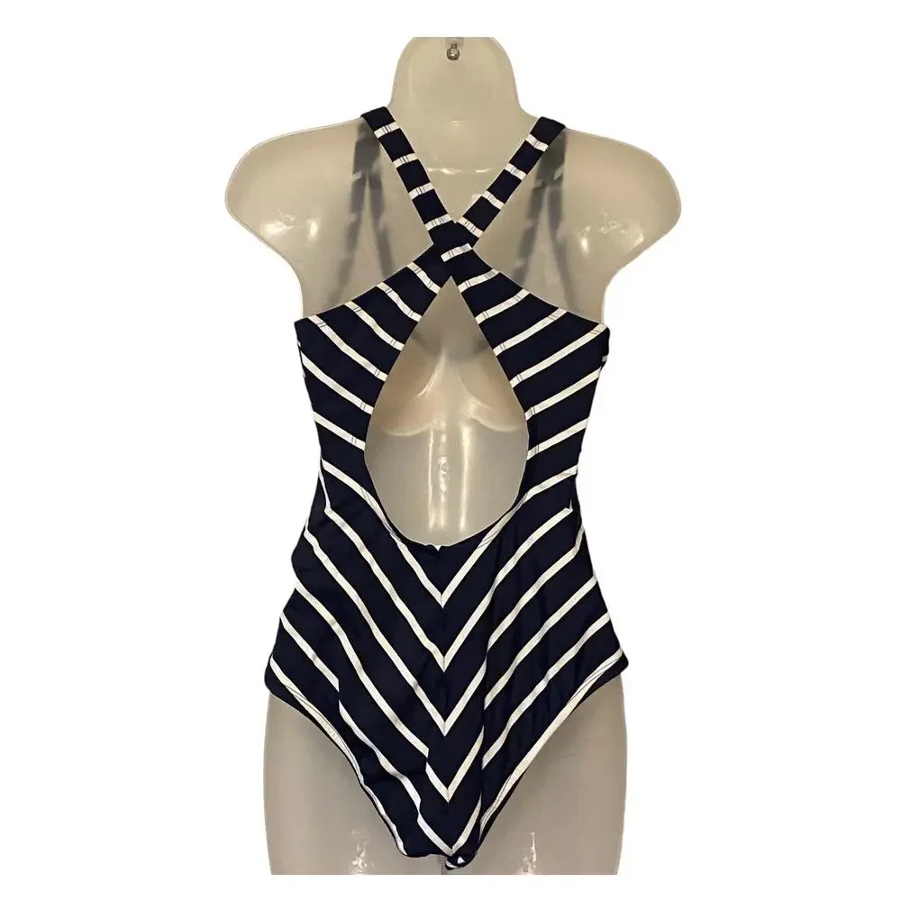 Kona Sol Women’s Dark Navy Blue/White Striped One-Piece Swimsuit Size Medium